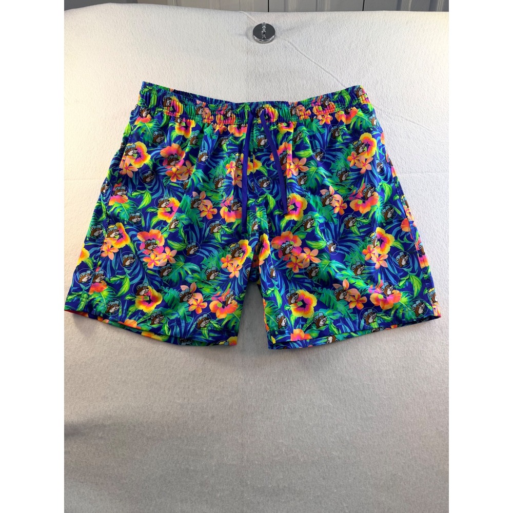 Buc-ees Mens XL Tropical Space Beaver Swim Trunks Blue Floral Shorts L Large